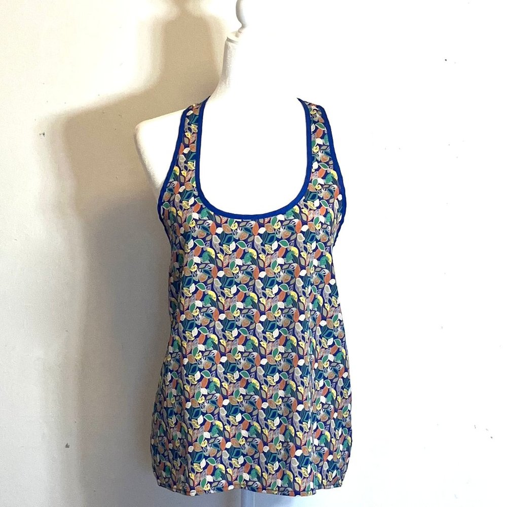 COLORFUL Racer-back Sleeveless Blouse with Blue Piping, Size L, Light Fabric